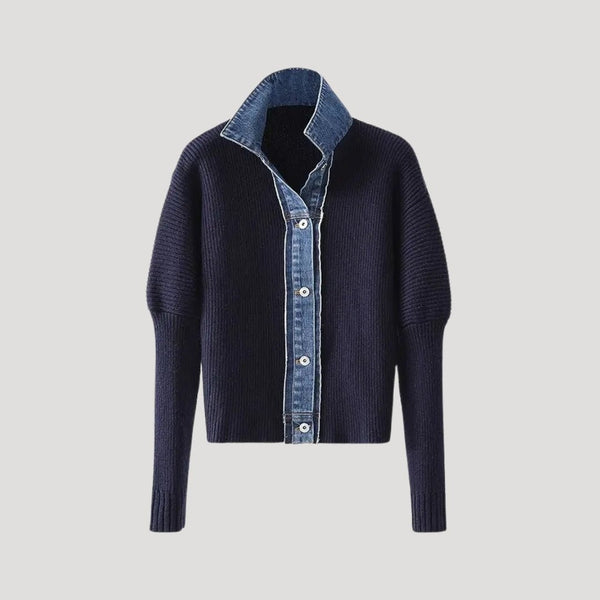Cardigan en Tricot Marine avec Col en Jean pour Femmes - Vela Vici 🇫🇷