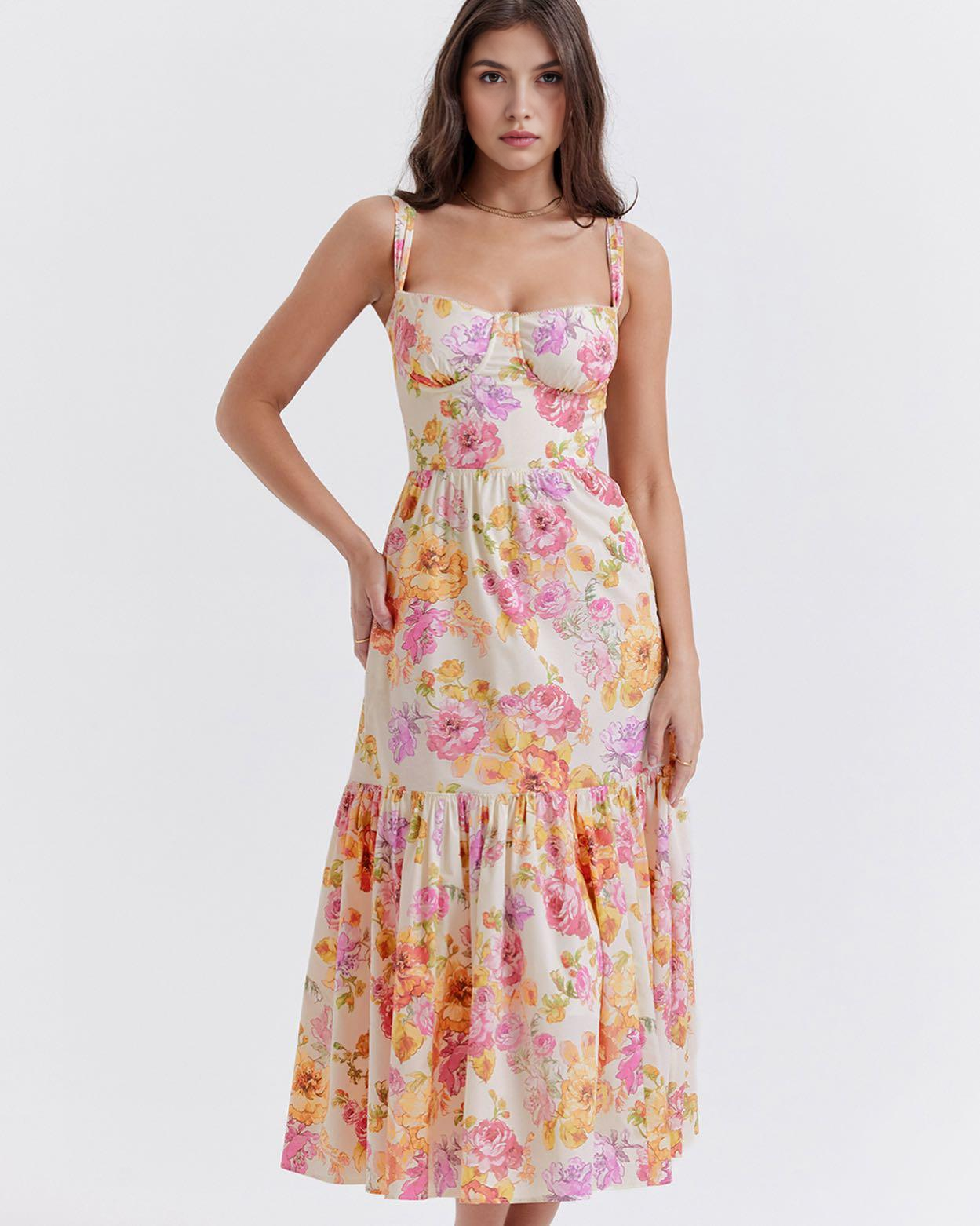 Vestido Midi Ayla | Floral Rosa | Escote cuadrado y busto moldeado