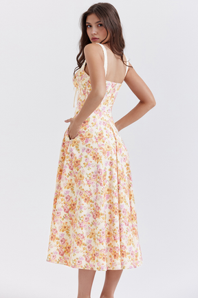 Vestido Midi Floral Esculpidor de Cintura Selina | Lazo Frontal y Abertura Lateral