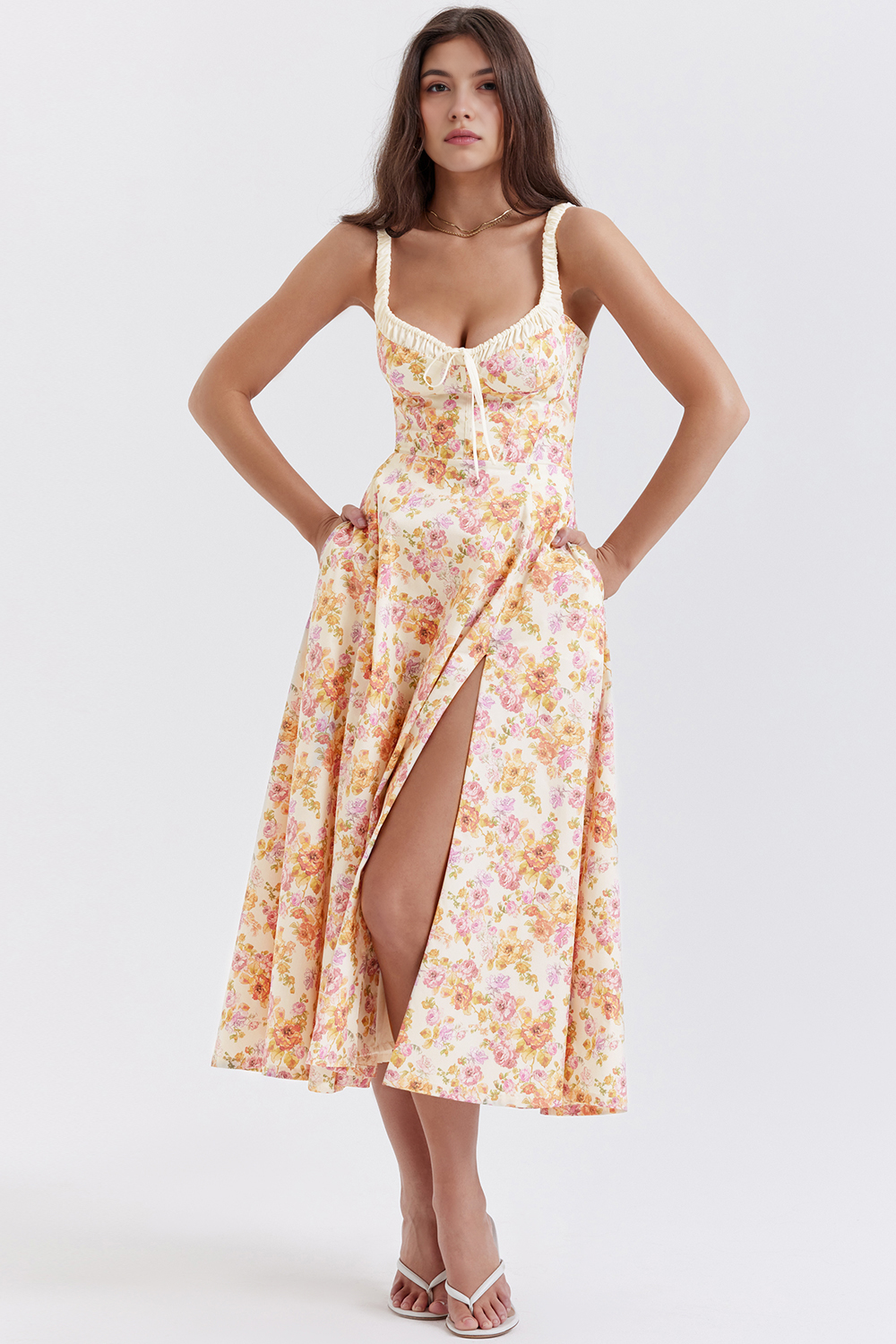 Floral Waist-Sculpting Midi Dress Selina | Tie-Front & Side Slit